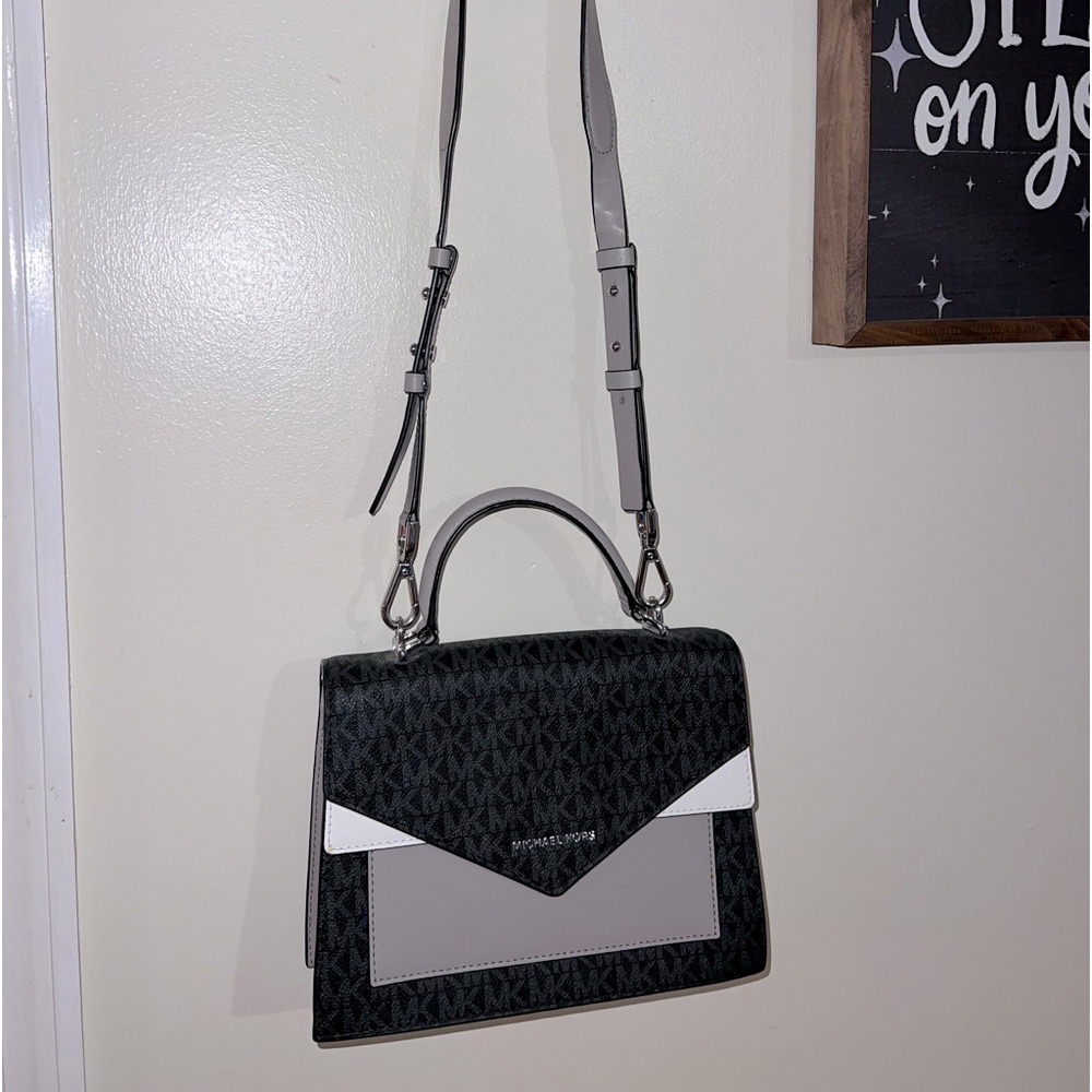 Michael Kors Ludlow Signature Leather Satchel Bag, Black Pearl Grey